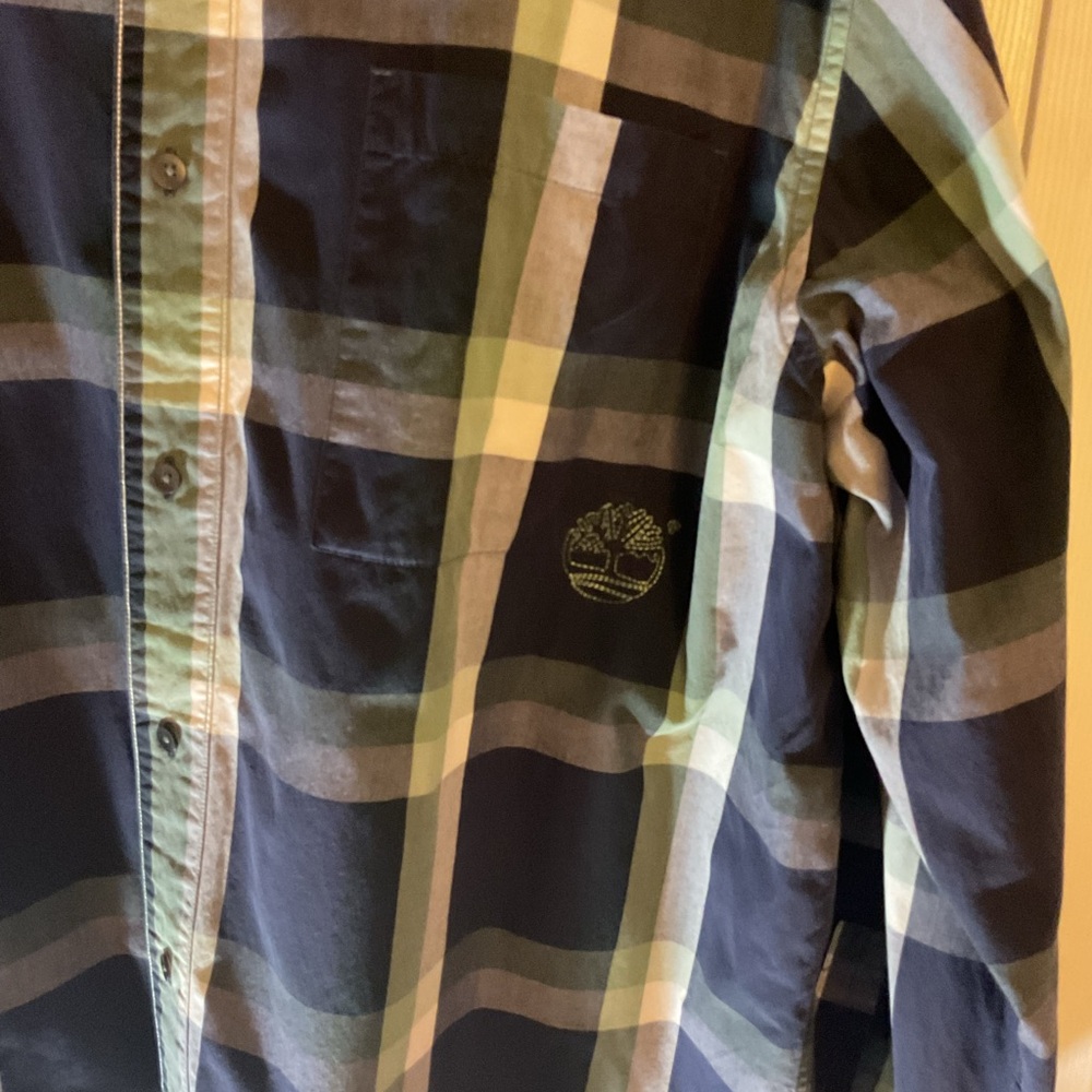 Timberland Men's Navy and Green Plaid Long Sleeve Shirt - Picture 3 of 7